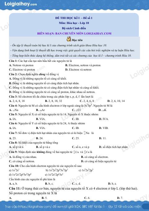 Đề thi học kì 1 Hóa 10 Cánh diều - Đề số 1